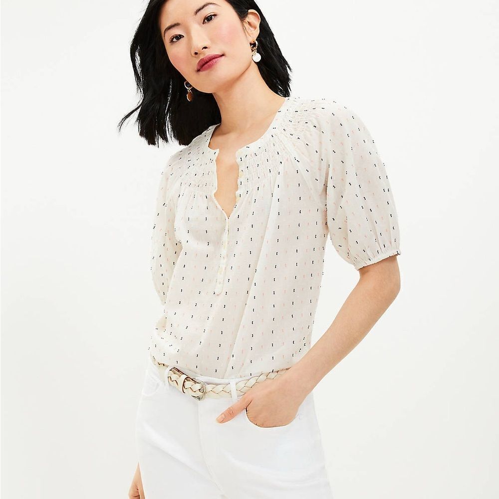 LOFT Clip Smocked Button Top. Size Small